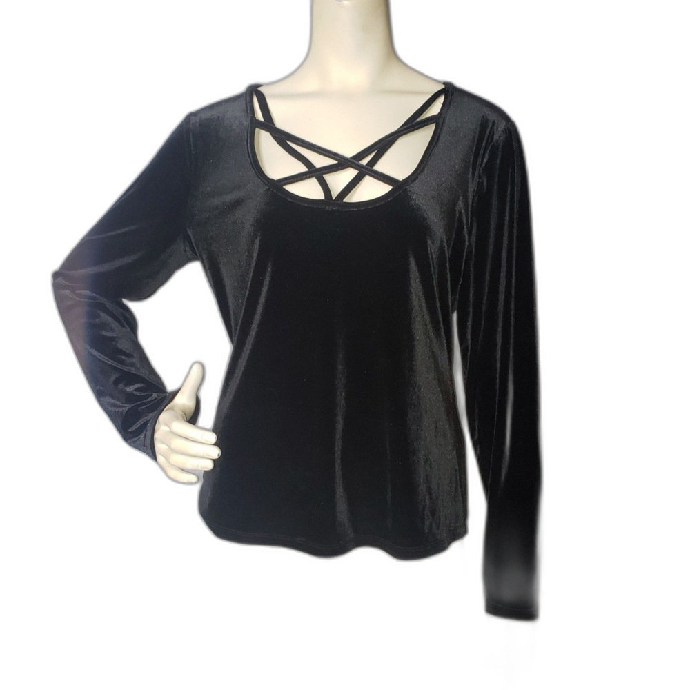 Hot Topic Black Velour Long Sleeve Scoop Neck Pentagram Strappy Top Size Large